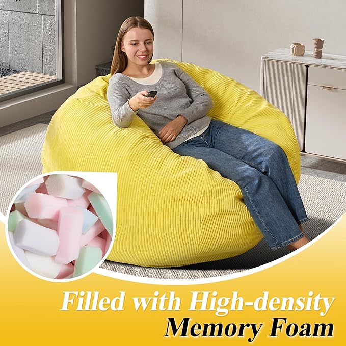 3.5FT Bean Bag Chairs Teardrop Bean Bag Chair for Adults Beanbag Chair with Memory Foam Filled Machine Washable Cover for Living Room, Bedroom (Large,Yellow)-CubbioJoy