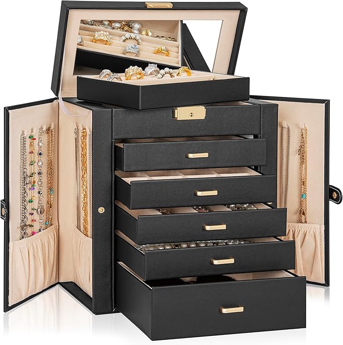 AKOZLIN Large 6-Tier Jewelry Box Lockable Leather Jewelry Storage Case with 5 Drawers for Women Girls Ring Necklace Earring Bracelet Holder Organizer with Mirror-CubbioJoy