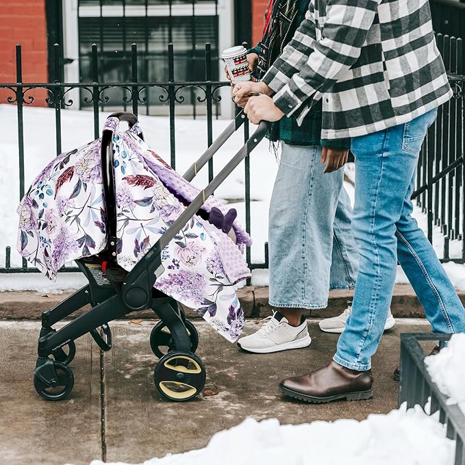 Car Seat Cover Baby, Infant Car Seat Canopy Covers for Newborn Girls Boys, Soft Breathable Mink Carseat Covers Stretchy Multi-Use Nursing Cover for Stroller Baby Car Seat, Purple Flroal-CubbioJoy