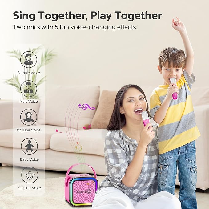 Contixo KS1A Kids Mini Karaoke Machine with LED Lights, 7–10H Playback, Dual Wireless Mics, Magic Voice Effects, Bluetooth Speaker for Children, Portable Singing Toy Gift for Boys & Girls, Pink-CubbioJoy