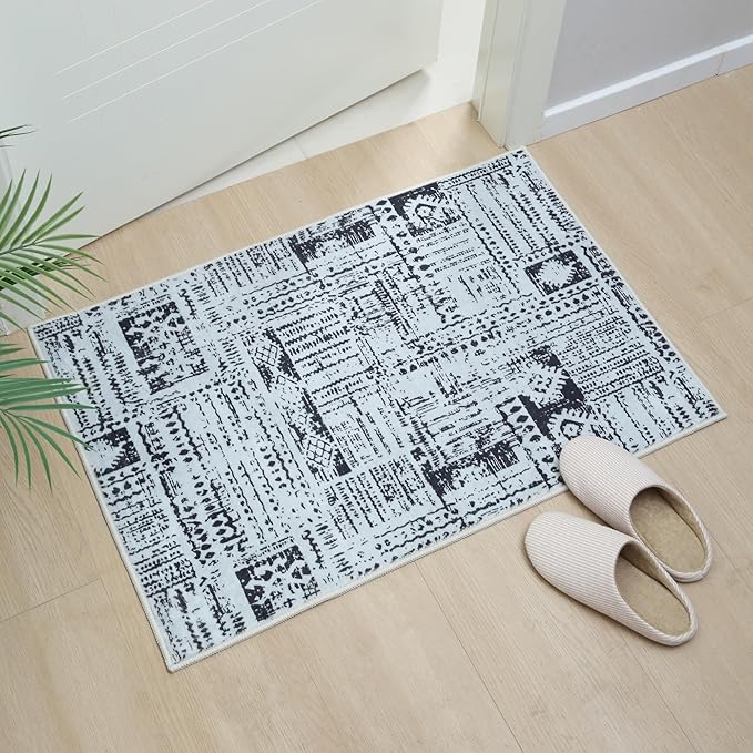 Door Mat Indoor Entrance 2x3 Rug Machine Washable Boho Moroccan Small Area Rug Non-Slip Low Pile Throw Rugs for Entryway, Kitchen, Front Door Indoor Entrance,Kids Room (Black and White)-CubbioJoy