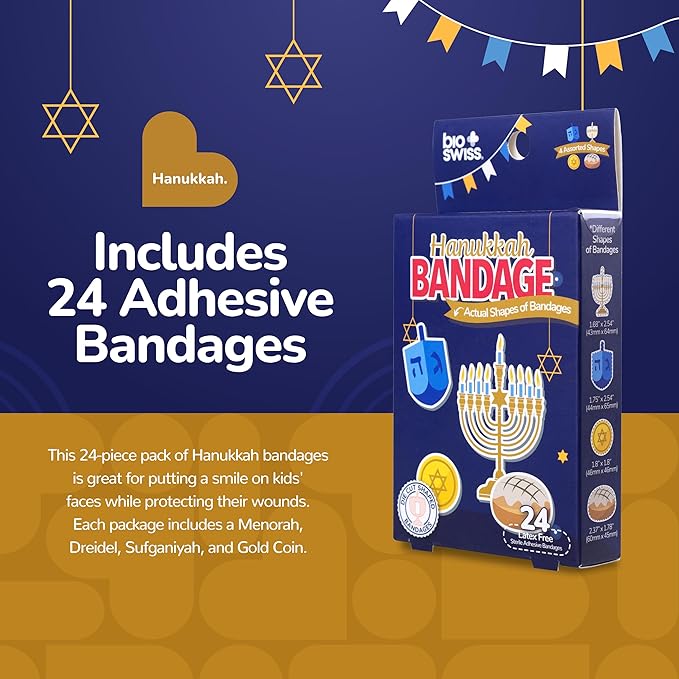 BioSwiss Bandages, Hanukkah Shaped Self Adhesive Bandage, Latex Free Wound Care, Fun First Aid Kit Supplies for Kids and Adults, 24 Count-CubbioJoy