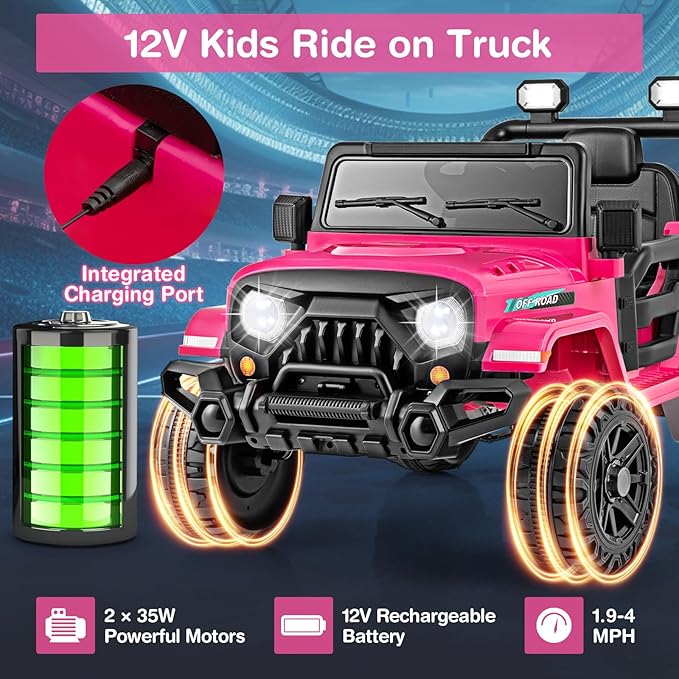 Costzon 12V Kids Ride on Truck Car, Electric Vehicle w/Remote Control, Threaded Wheels, 3 Speeds, LED Lights, Music, Horn & Wireless Connection, Battery Powered Ride on Toy for Boys & Girls 3+ (Pink)-CubbioJoy