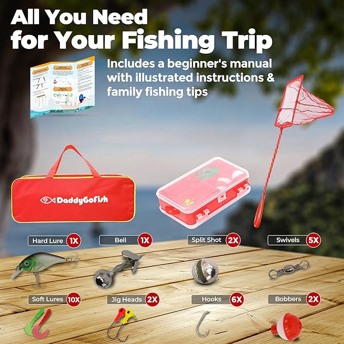 DaddyGoFish Kids Fishing Pole - Rod Reel Combo Tackle Box Starter Set - First Year Small Gear Kit for Boys Girls Toddler Youth Age Beginner Little Children-CubbioJoy