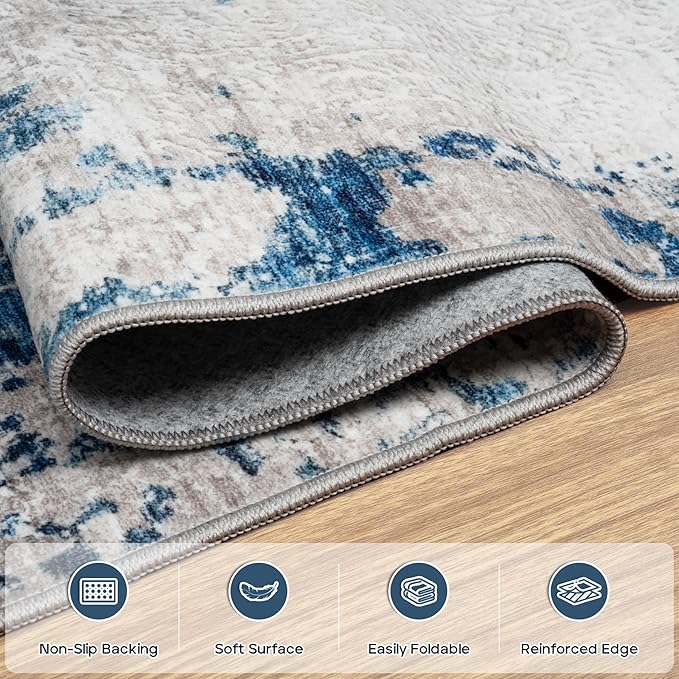 6x9 Area Rugs for Living Room Rug Washable: Modern Rug for Dining Room Bedroom Carpet Non Slip Low Pile 6 by 9 Indoor Abstract Nursery Home Office Blue White-CubbioJoy