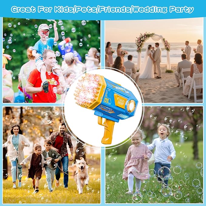 BOMOCO Bubble Gun,125 Holes Bubble Machine Bubbles for Kids Age 3-12,Bubble Blaster Gun with Bubble Solution Summer Outdoor Bubble Toys Birthday Wedding Halloween Party Favors Gifts Bubble Maker,Blue-CubbioJoy