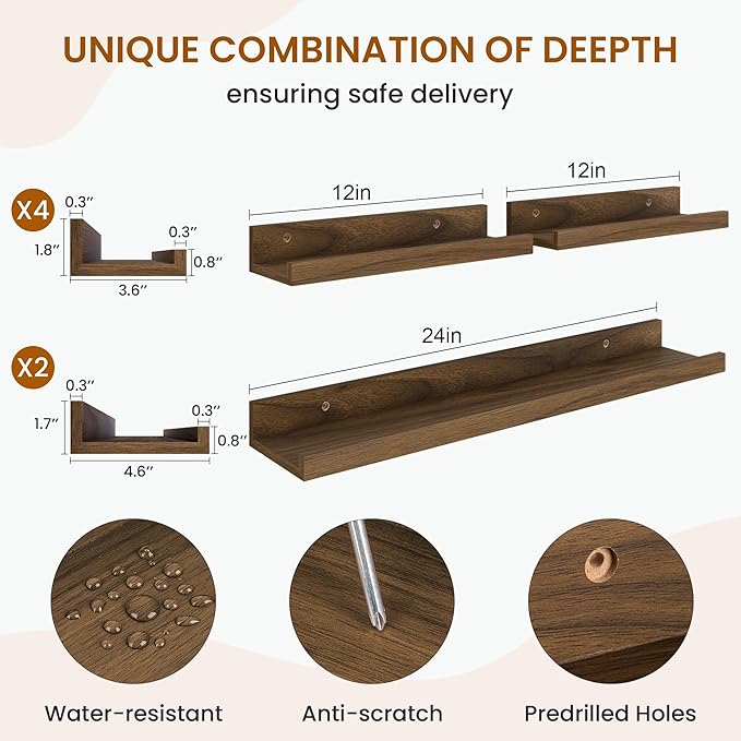 Axeman Picture Ledge Shelf, Floating Shelves for Wall Decor Storage Set of 6, 24 inch Floating Wall Mounted Shelves, Wall Shelves with Lip for Living Room, Bedroom, Nursery, Bathroom, Kitchen, Walnut-CubbioJoy