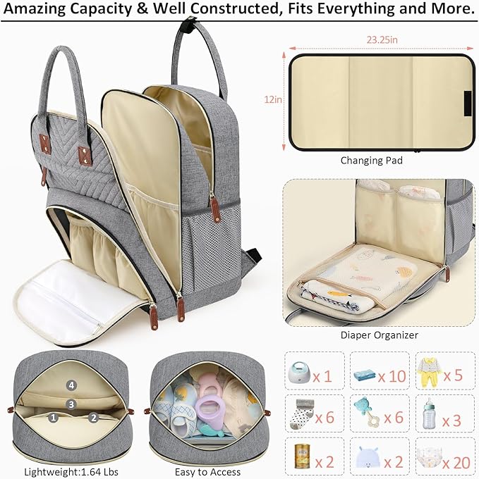 Diaper Bag Backpack for Women with Changing Pad, Baby Bag with Insulated Pockets Multifunctional Diaper Bags For Baby Girl Boy Waterproof Baby Bags For Boys Girls Maternity Bag Grey-CubbioJoy