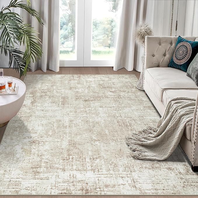 4x6 Area Rugs for Living Room Rug Washable: Modern Large Rug for Dining Room Bedroom Carpet Non Slip Low Pile 4 by 6 Indoor Abstract Nursery Home Office Beige-CubbioJoy