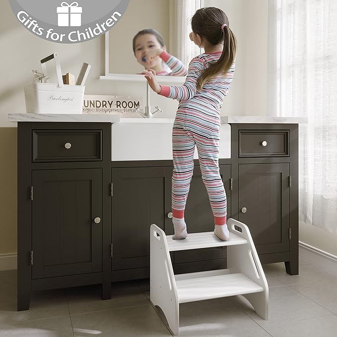 AMBIRD Wooden Two Step Stools Toddler with Safety Non-Slip Pads and Handles, Bamboo Step Stool for Bathroom, Bedroom, Kitchen Dual Height Step Stools for Kids (White)-CubbioJoy