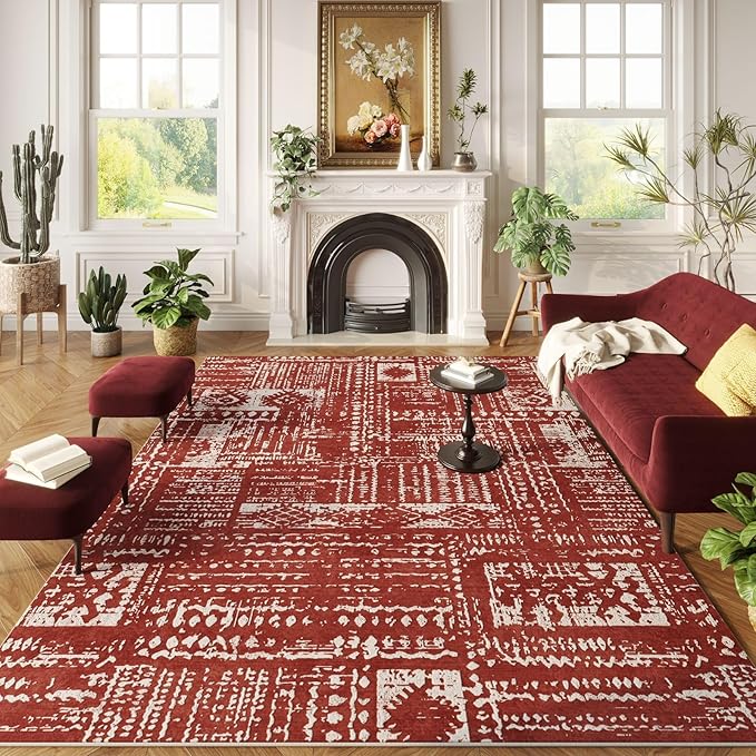 Area Rugs 8x10 Rug for Living Room Clearance Washable Boho Area Rug Non Slip Moroccan Vintage Low Pile Large Rug for Living Room, Bedroom, Farmhouse, Dining Room, Kids Playroom(Terracotta)-CubbioJoy