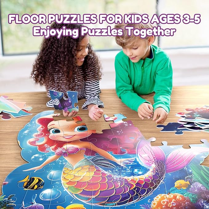 45pcs Unicorn & Mermaid Double-Sided Floor Puzzles, Ages 3-8, 27.6x32 In, Waterproof, EVA Material, Jumbo Jigsaw Puzzle, 1 Set of 45 Pieces-CubbioJoy