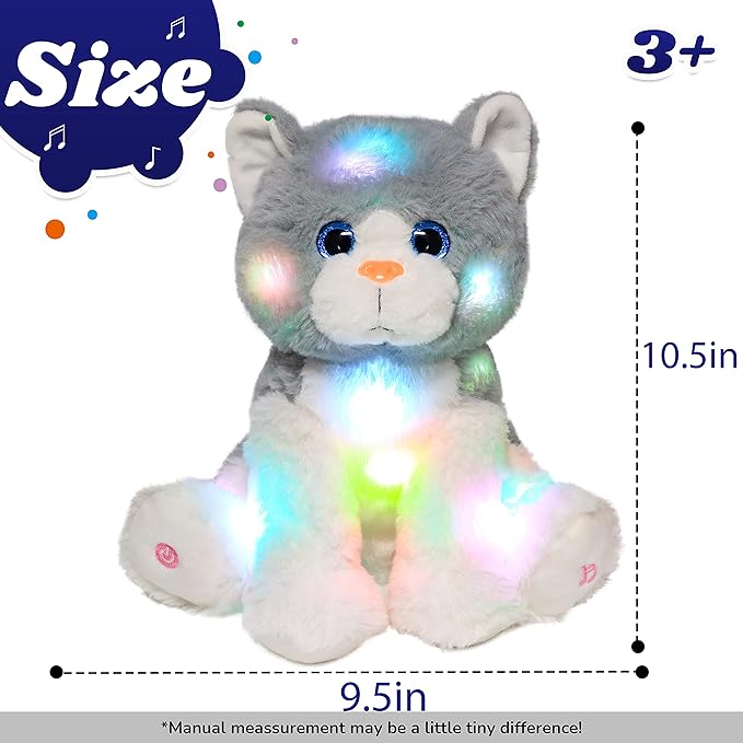 Cuteoy Light-up Singing Plush Cat LED Musical Kitty Stuffed Animal Adjustable Volume Lullaby Plushies Birthday Christmas Toy Gifts for Kids Toddler Girls, 10.5"-CubbioJoy