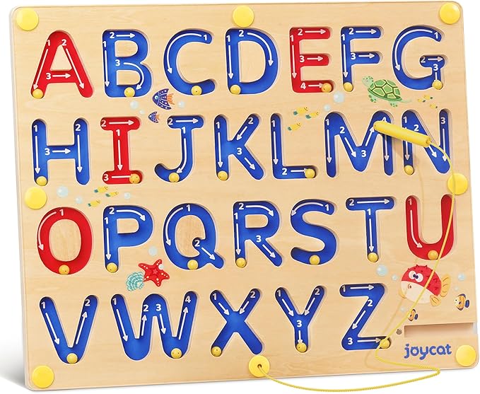 JoyCat Magnetic Letter Tracing Board, Wooden Alphabet Tracing Board for Toddlers ABC Magnets Letter Writing Practice, Magnetic Maze Preschool Learning Educational Toys for Kids 3-5-CubbioJoy