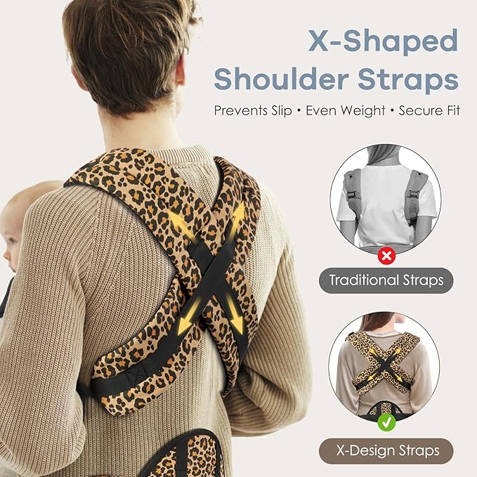 Baby Carrier with Lumbar Support, Cozy Baby Carrier Newborn to Toddler with Adjustable Seat Size, Ergonomic Infant Carrier with 3-Way Carry, Front Facing Toddler Hodler Carrier for Mom & Dad, Leopard-CubbioJoy