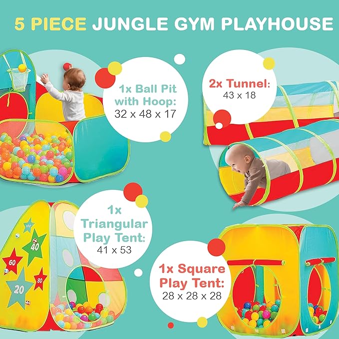 5pc Kids Play Tent for Toddlers with Ball Pit, Crawl Tunnel, Indoor & Outdoor Playhouse, Jungle Gym, Toys for Boys & Girls, Includes Dart Balls, Teepee & Basketball Hoops-CubbioJoy