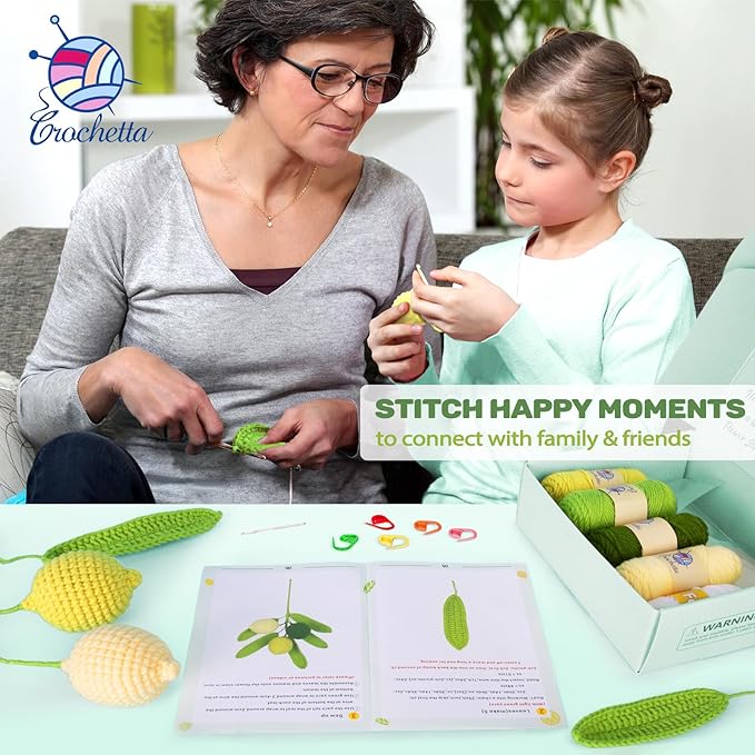 Crochetta Crochet Kit for Beginners, Crochet Kit w Step-by-Step Video Tutorials, Crochet Starter Kit Learn to Crochet Kits for Adults Kids Beginners, 3 Lemons Familly (40%+ Yarn Content)-CubbioJoy