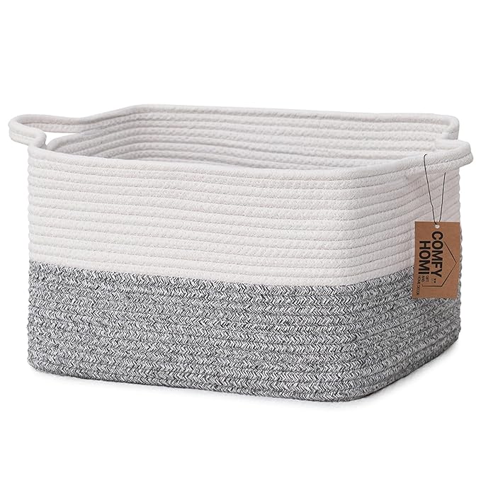 COMFY-HOMI Cotton Rope Woven Basket with Handles for Shelves,Toys,Book, Cloth Storage Baskets Bin for Organizing-13.5"x11"x9.5" Toy Decorative Organizer for Living Room, Bathroom-White/Grey-CubbioJoy