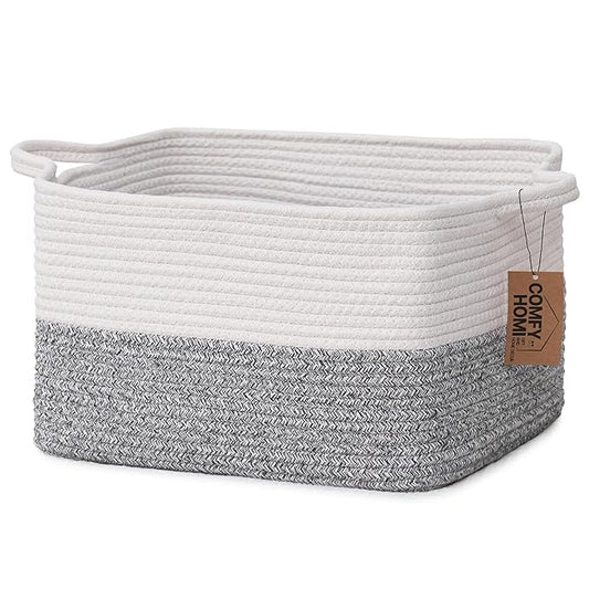 COMFY-HOMI Cotton Rope Woven Basket with Handles for Shelves,Toys,Book, Cloth Storage Baskets Bin for Organizing-13.5"x11"x9.5" Toy Decorative Organizer for Living Room, Bathroom-White/Grey-CubbioJoy