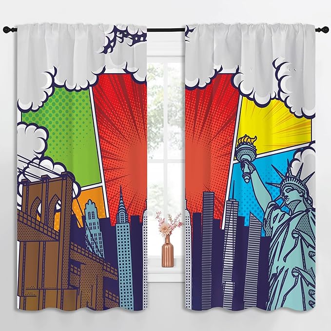City Rod Pocket Blackout Curtains for Boy Girl Bedroom, Pop Art Style New York Cityscape Thermal Insulated Home Window Drapes for Living Room Darkening, 55x63 inch-CubbioJoy