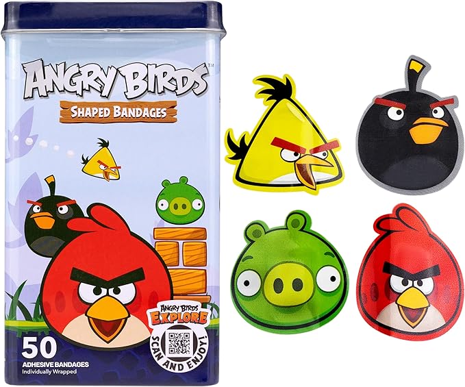 BioSwiss Bandages, Angry Birds Game Shaped Self Adhesive Bandage, Latex Free Sterile Wound Care, Standard Shape for Kids and Adults, 50 Count-CubbioJoy