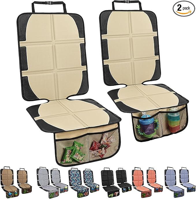 Car Seat Protector for Child Car Seat, 2 Pack Baby Car Seat Covers with Mesh Pockets & Non-Slip Backing 600D Durable Seat Protector Under Baby Car Seat for Car Back Seat (Beige, Large)-CubbioJoy