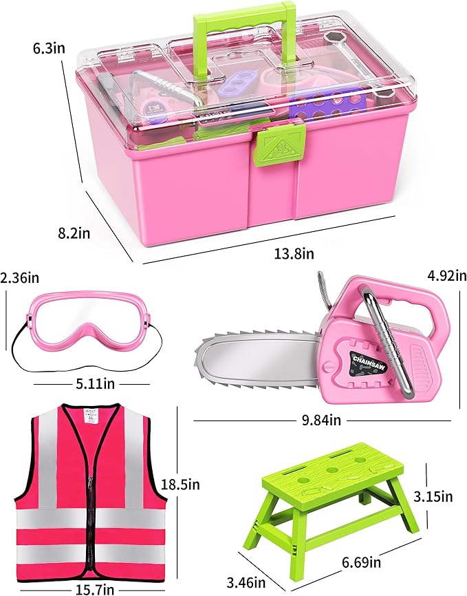 Deejoy 54Pcs Large Kids Tool Set with Electric Saw & Electronic Toy Drill, Pretend Play Kids Construction Set for Toddler 3-5 Years Old, Toddler Tool Set-Pink-CubbioJoy