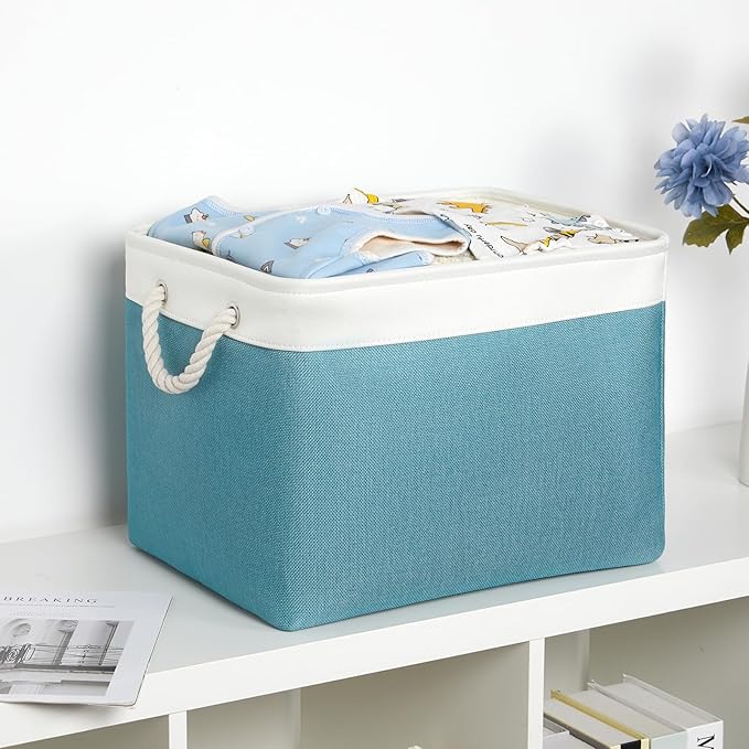 Bidtakay Large Storage Baskets for Shelves 3 Pack 16x11.8x11.8 Inch Storage Bins for Organizing Fabric Storage Cubes for Closet Clothes Basket Laundry-White&Teal-CubbioJoy