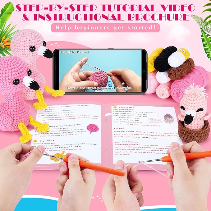 Crochet Kit for Beginners -Flamingo Family Crochet Kits with Step-by-Step Video Tutorials, Beginner Crochet Kit for Adults, Crochet Animal Kit for Kids, 3PCS Flamingo Crocheting Set(Pink)-CubbioJoy