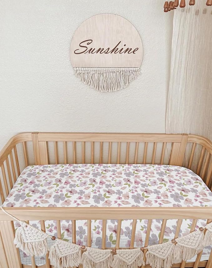 Bassinet Sheet for Baby Boy and Girl 2 Pack, Fitted Sheets for Rectangle, Oval, Hourglass Bassinet Mattress, Muslin Moses Basket Sheets with Neutral Style (Purple Petals & White)-CubbioJoy