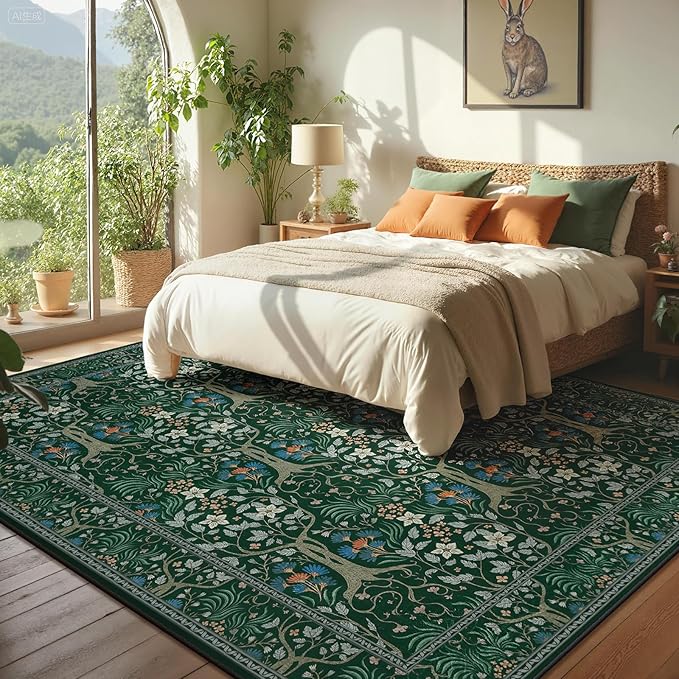 Joydeco Boho Floral 8x10 Area Rugs for Living Room, Washable Dark Green Rug Non Slip, Soft Large Low-Pile Botanical Forest Indoor Floor Throw Carpet for Bedroom Nursery Dining Office-CubbioJoy