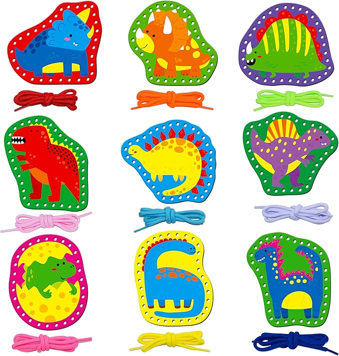 9 Pieces Kids Lacing Cards, Double Sided Sewing Cards in 9 Dinosaurs with 9 Colorful Laces, Imagination Development Lacing Toys Games for Children Educational and Learning Activity-CubbioJoy