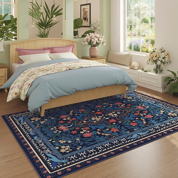 Area Rugs 8x10 for Living Room Clearance Washable Vintage Floral Botanical Rug Non Slip Low Pile Large Rug for Bedroom, Farmhouse, Dining Room, Kids Playroom, Blue-CubbioJoy