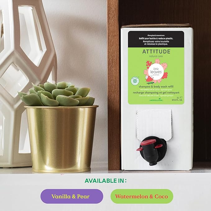 ATTITUDE Shampoo and Body Wash for Kids, EWG Verified Hair and Body Cleanser, Dermatologically Tested Soap, Plant and Mineral Based Bath Products, Vegan, Bulk Refill, Watermelon and Coco, 67.6 Fl Oz-CubbioJoy