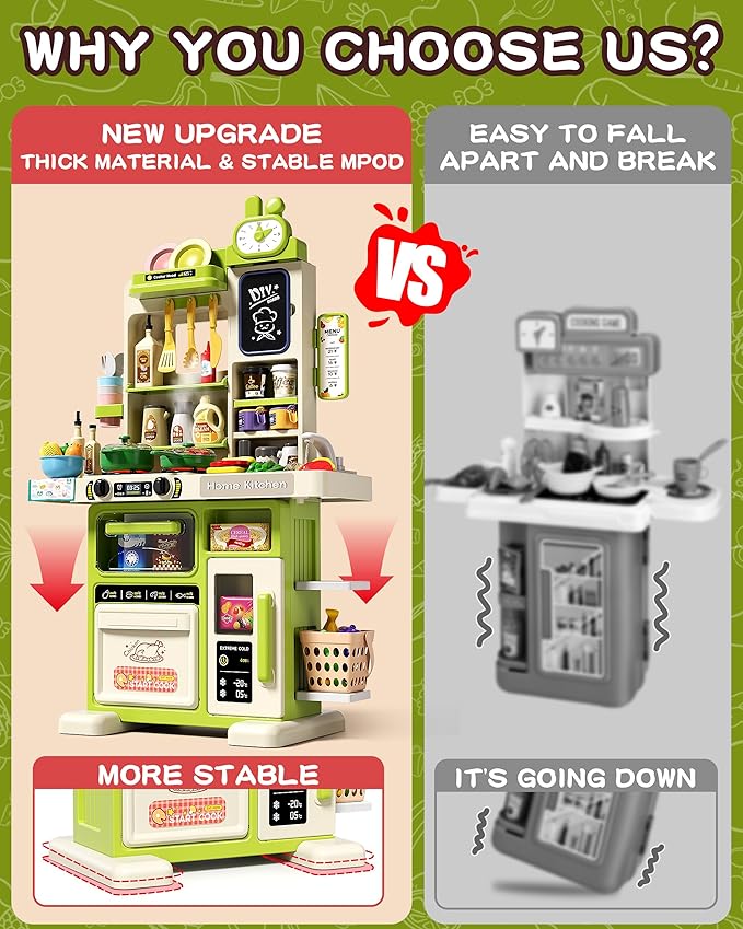 33.8IN Kids Kitchen Playset, 70PCS Kid Play Kitchen with Realistic Lights & Sounds, Spray Sink Toy Kitchen Accessories, Pretend Food Toys Kitchen for Boys Girls Toddlers(Green)-CubbioJoy