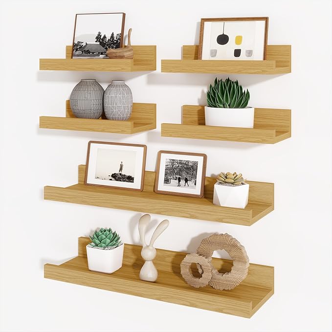 Axeman Picture Ledge Shelf, Floating Shelves for Wall Decor Storage Set of 6, 16 inch Floating Wall Mounted Shelves, Wall Shelves with Lip for Living Room, Bedroom, Nursery, Bathroom, Kitchen, Oak-CubbioJoy