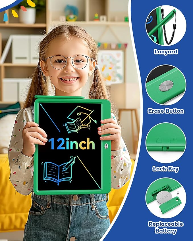 Bravokids 12 Inch LCD Writing Tablet for 3 Year Olds - Electronic Drawing Pad and Doodle Board as Educational Birthday Gifts for Girls and Boys (Green)-CubbioJoy