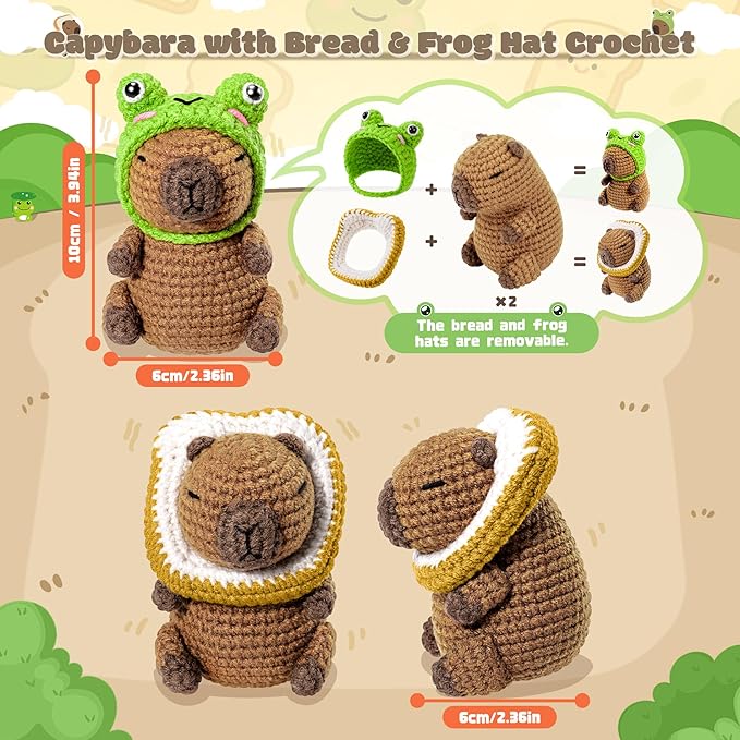 Capybara Crochet Kit for Beginners, 2PCS Capybara with Frog and Bread Hats Crochet Animal Kit with Step-by-Step Video Tutorials, Starters Crocheting Kits, Stuffed Animals Knitting Kit for Kids Adults-CubbioJoy