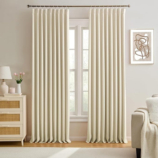 KEQIAOSUOCAI Pinch Pleat Blackout Curtains Pair with Hooks,60 Inch Wide Pleated Large Window Drapes for Office at Home Bedroom Sliding Glass Patio Doors Inside W60 xL90, Cream Beige-CubbioJoy