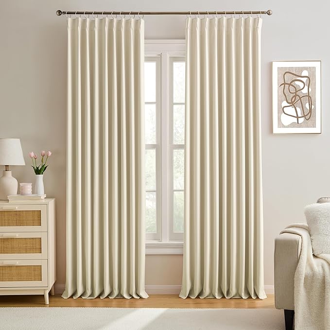 KEQIAOSUOCAI Pleated 60 Wide Curtains for Windows 105 inch Length - Solid Thermal Insulated Pinch Pleats Panels for Living Room (Cream Beige, W60 x L105, 2 Panels = 120" Wide)-CubbioJoy