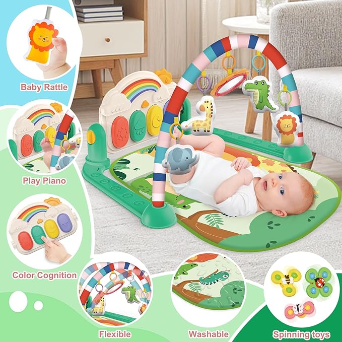 Baby Gyms Play Mats, Tummy Time Mat Toys, Infant Play Mat and Activity Gym, Baby Play Piano Gym Mat, Play Mats for Babies Newborns and Toddlers, Baby Activity Mat Toys 0-3-6-12 Months (Green)-CubbioJoy