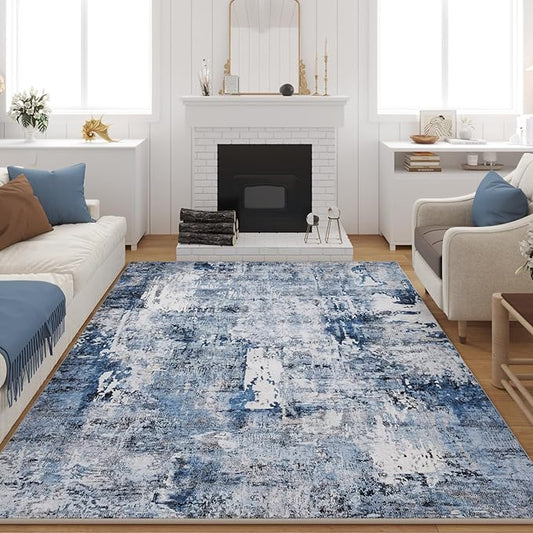 9x12 Rug Washable Boho Rug Soft Large Area Rug Non-Slip Non-Shedding Faux Wool Vintage Rug for Living Room, Farmhouse, Dining Room, Indoor, Kids Playroom, Blue-CubbioJoy