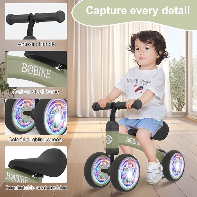 Baby Balance Bike Toys for 12-36 Months Kids Toy Boy and Girls Gifts Toddler Best First Birthday Gift Children Walker No Pedal Infant 4 Wheels Bicycle (Colorful, Deep Green-Light)-CubbioJoy