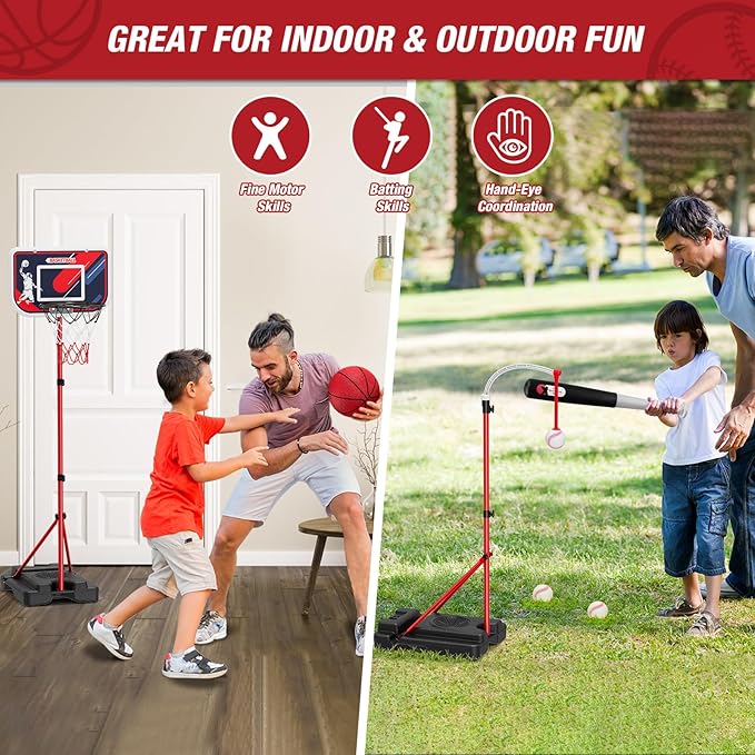 4 in 1 Kids Basketball Hoop and Tball Set for Toddlers 3-5, Adjustable Hanging Tee Ball Stand with Automatic Baseball Pitching Machine, Indoor Outdoor Sport Toys Birthday Gifts for Boys Girls-CubbioJoy