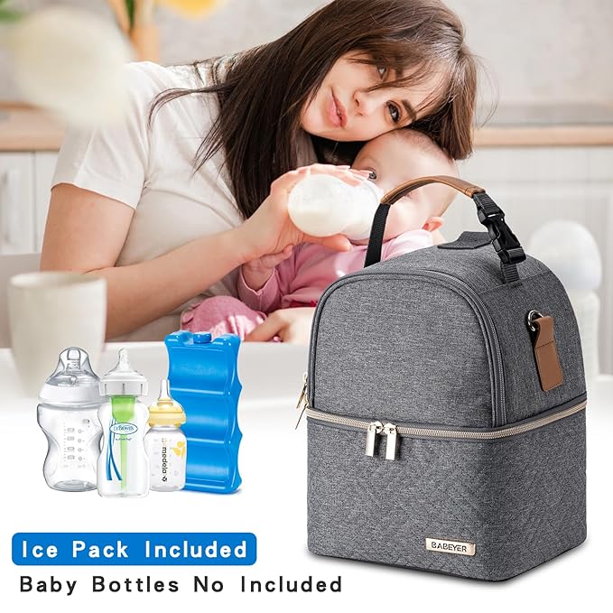 Breastmilk Cooler Bag with Ice Pack Fits 6 Baby Bottles up to 9 Ounce, Breast Milk Pump Cooler Bag with Shoulder Strap for Nursing Mom Daycare, Work, Travel- Dark Grey-CubbioJoy