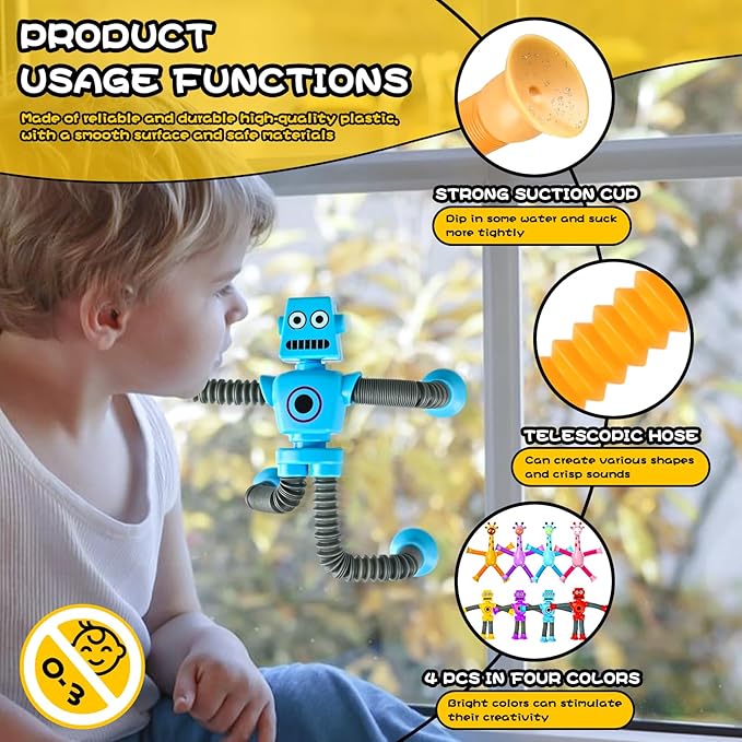 8pc Robot Giraffe Sensory Travel Toys for Toddlers Boy Ages 3 4 5 6 7 8, Airplane Activities Suction Autism Pop Tube Fidget Autistic Stocking Easter Basket Stuffer Valentine Gift for Kids-CubbioJoy