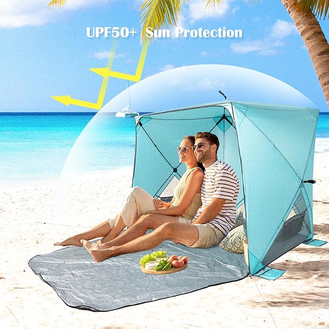 Beach Tent,Beach Sun Shelter with UPF 50+UV Protection with Extendable Floor mat for 3-4 Person, Waterproof Portable Easy Setup Beach Canopy Shade Tent for Outdoor Camping, Picnics-CubbioJoy
