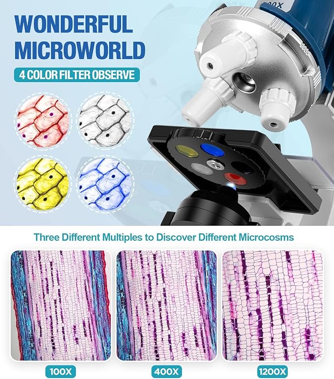58-Piece Kids Microscope Kit - 100X-1200X Magnification, Metal Body, LED Light, Carrying Box - Science Experiment Toy for Kids Ages 5-12-CubbioJoy