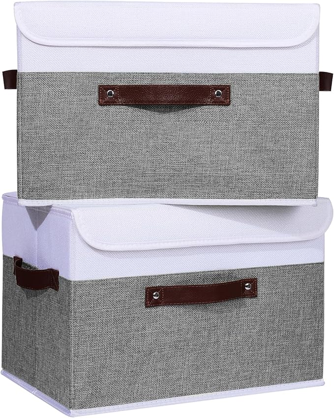 ANMINY 4PCS Storage Boxes with Lid Washable Decorative Storage Bins Basket with PU Leather Handle Foldable Linen Fabric Storage Cubes Containers for Home Closet Organizer - Gray White, Large Size-CubbioJoy