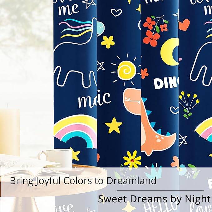100% Blackout Curtains for Kids - Adorable Dinosaur & Unicorn Pattern, 2Panels, Each W52xL63, Thermal Insulated Noise-Reducing Drapes for Nursery, Bedroom, Playroom - Fun & Colorful Design-CubbioJoy